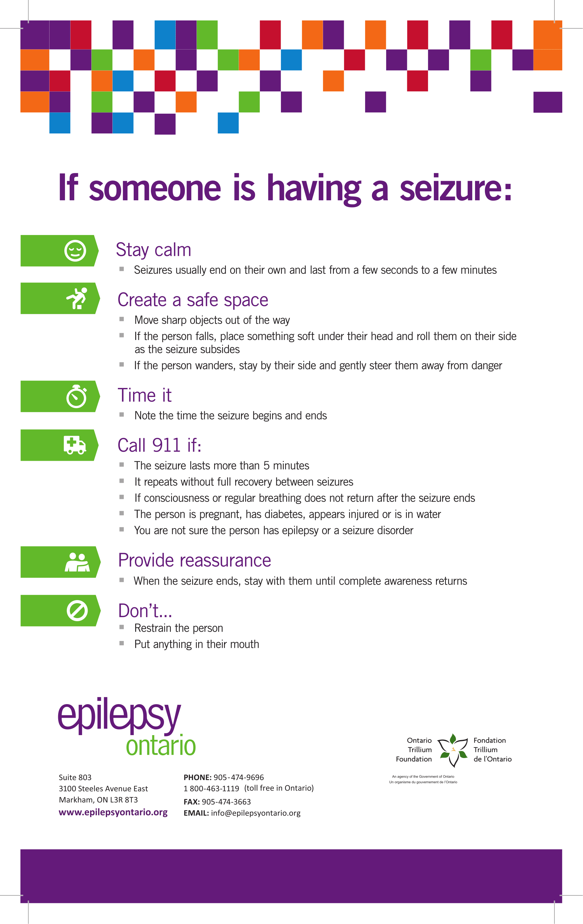 Poster describing epilepsy first aid.