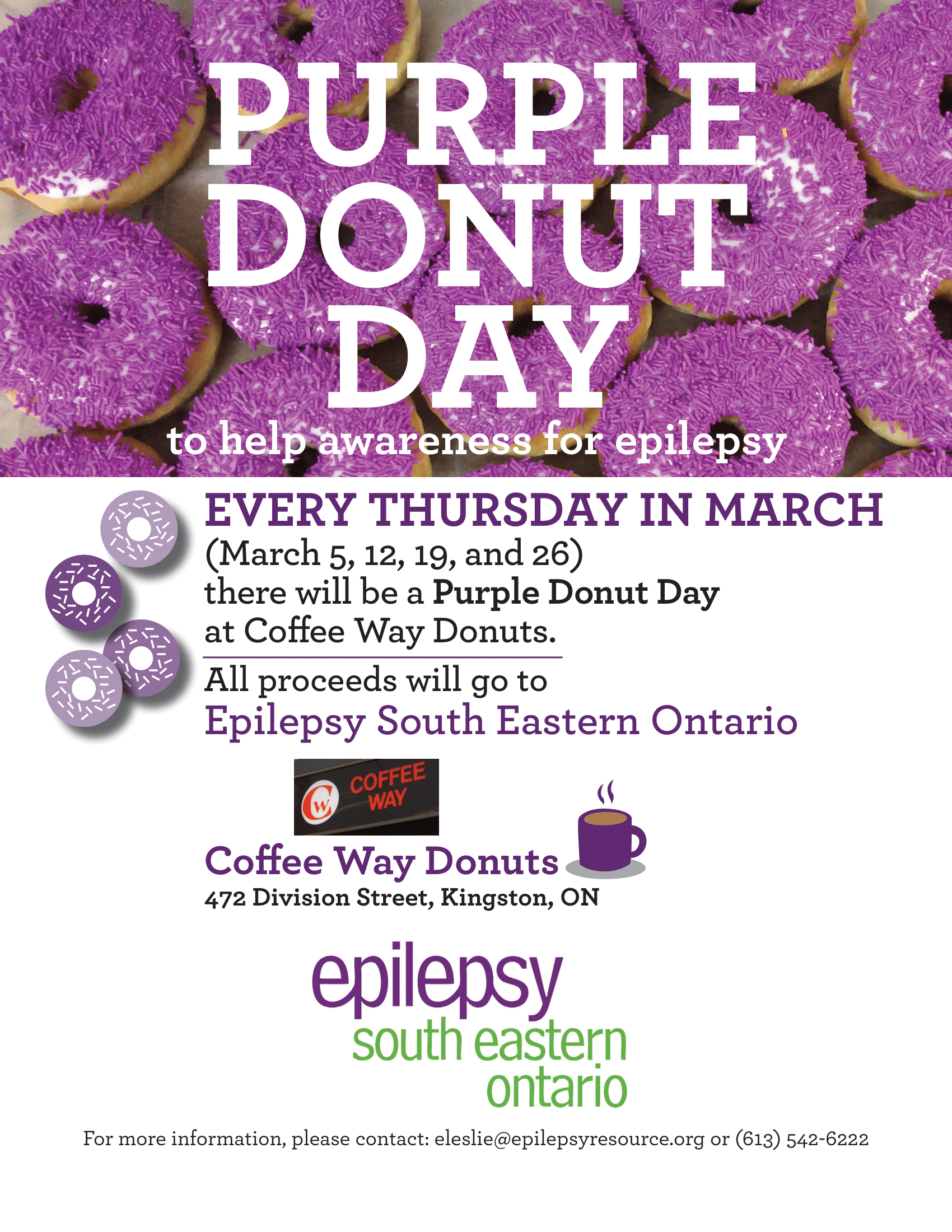 Every Thursday in March is Purple Donut Day at Coffee Way Donuts.